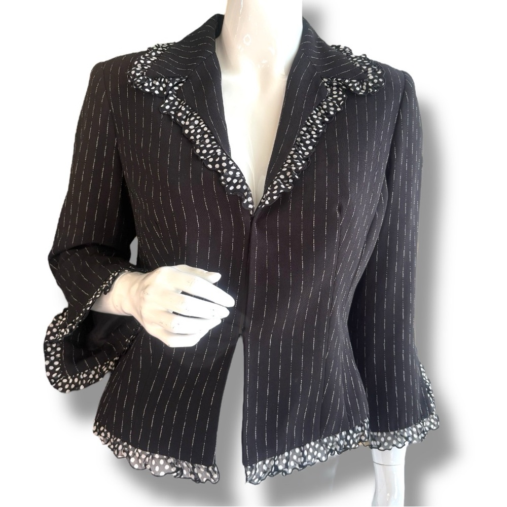 Alberto Mikalie Pinstripe Black Blazer with Lace Polka Dot Trim. Women’s Size 10